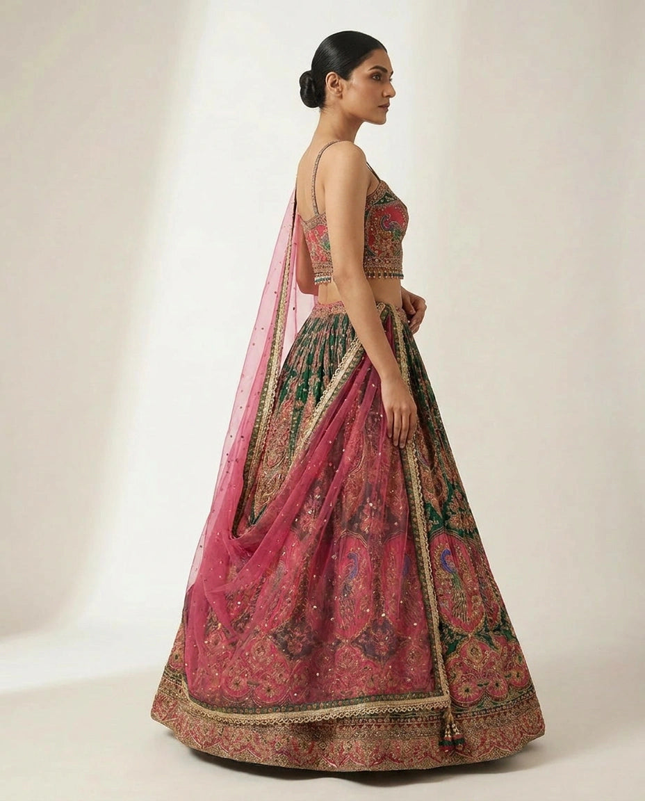 Crepe Silk Croptop Lehenga with Sequin and Zari Embellished Skirt - Rangoli India