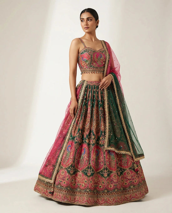 Magenta Crepe Silk Crop-Top Lehenga with Sequin Skirt