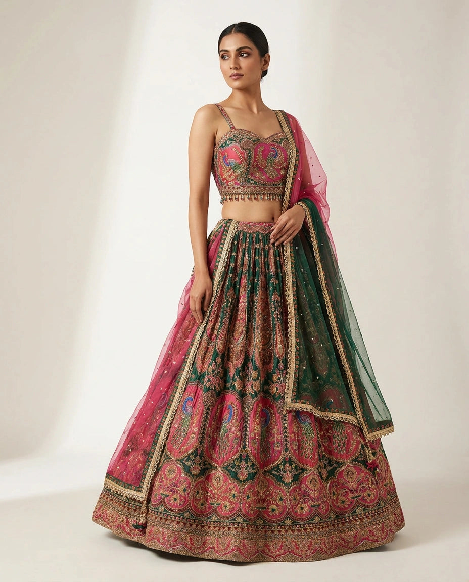 Crepe Silk Croptop Lehenga with Sequin and Zari Embellished Skirt - Rangoli India