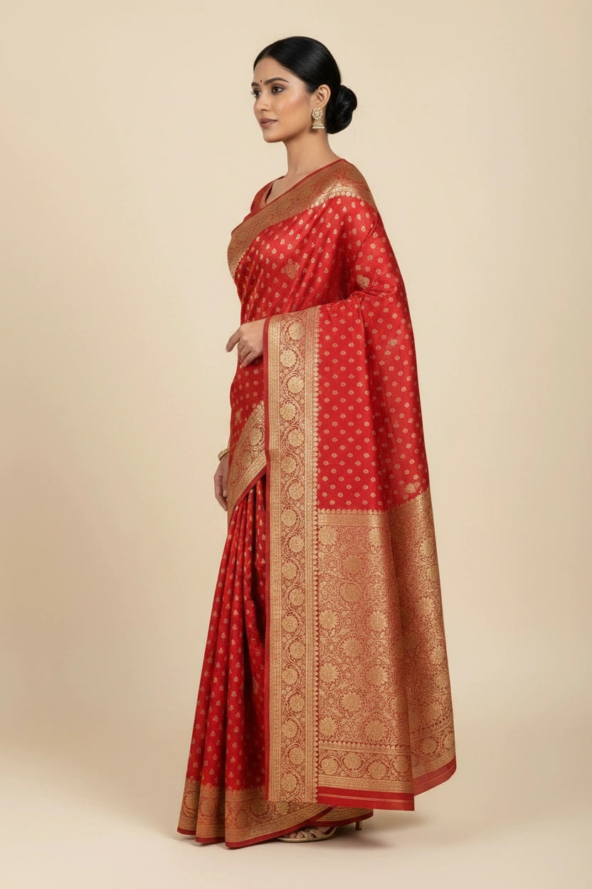 Woman wearing a red saree with gold patterns on a beige background