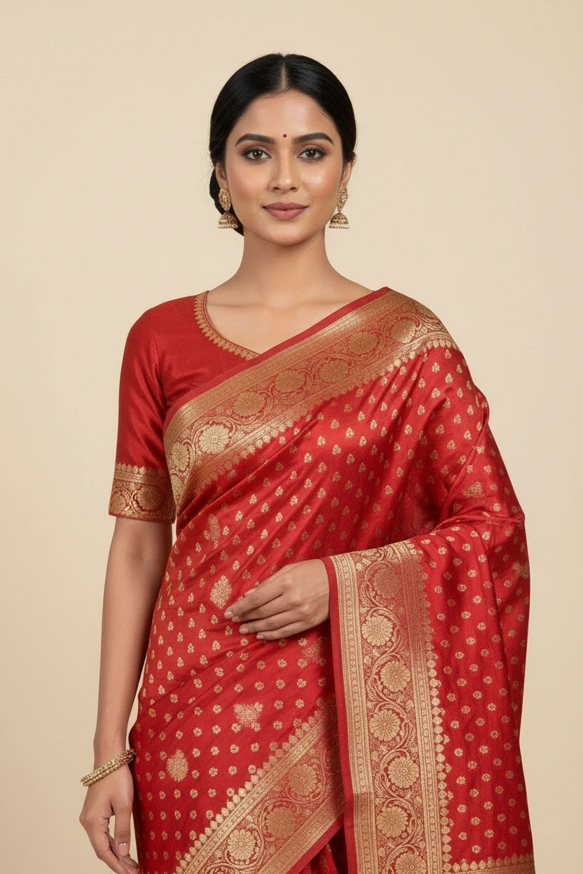 Woman wearing a red saree with gold patterns on a beige background