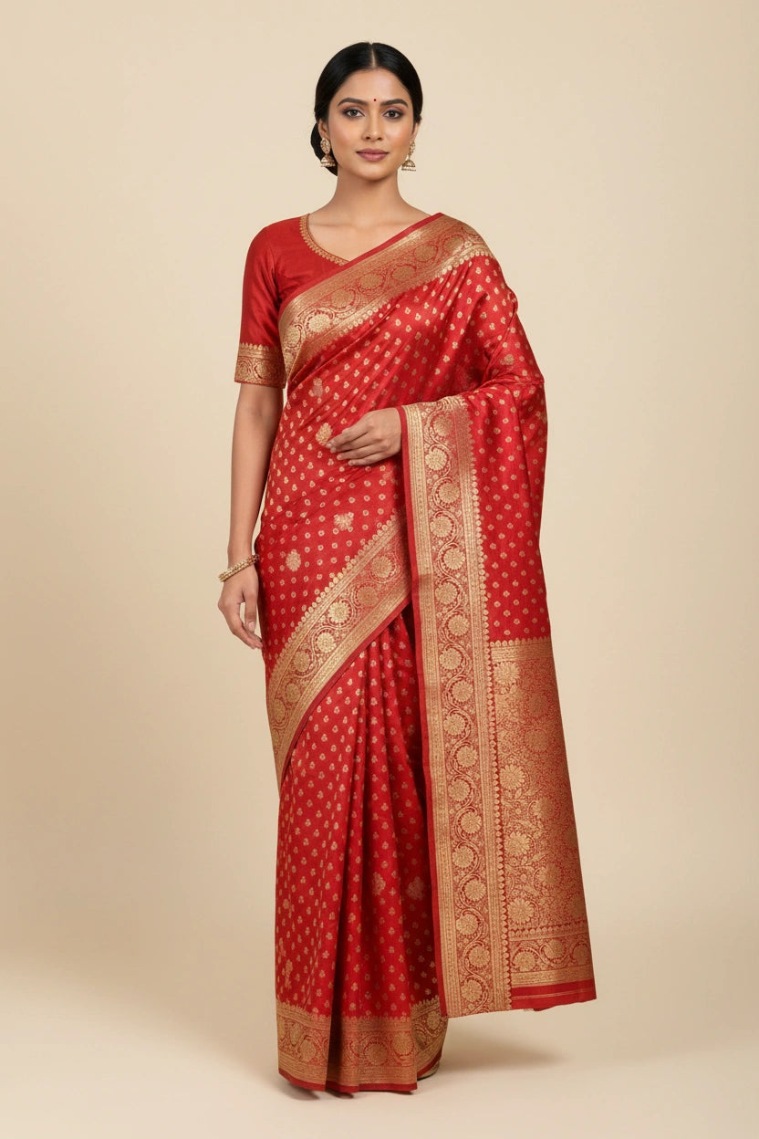 Woman wearing a red saree with gold patterns on a beige background