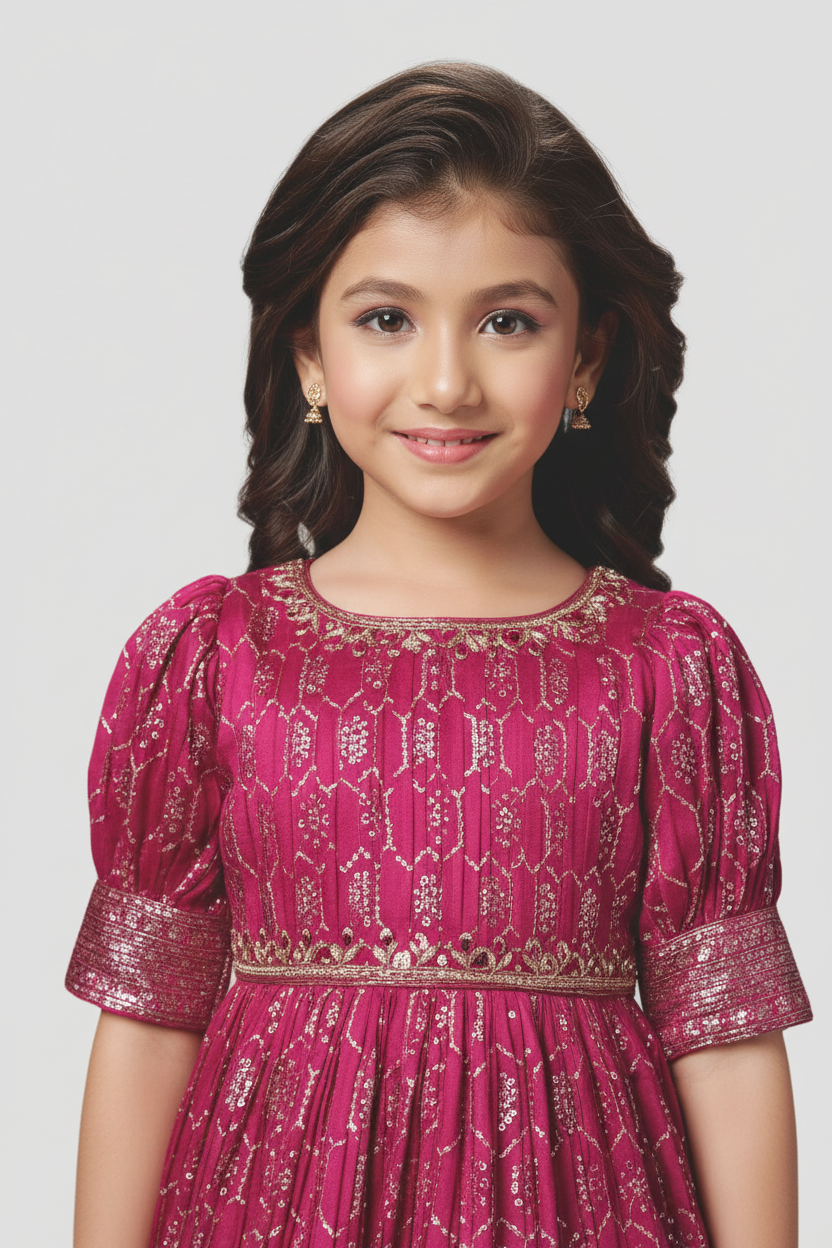 Young girl wearing a pink embroidered dress against a white background
