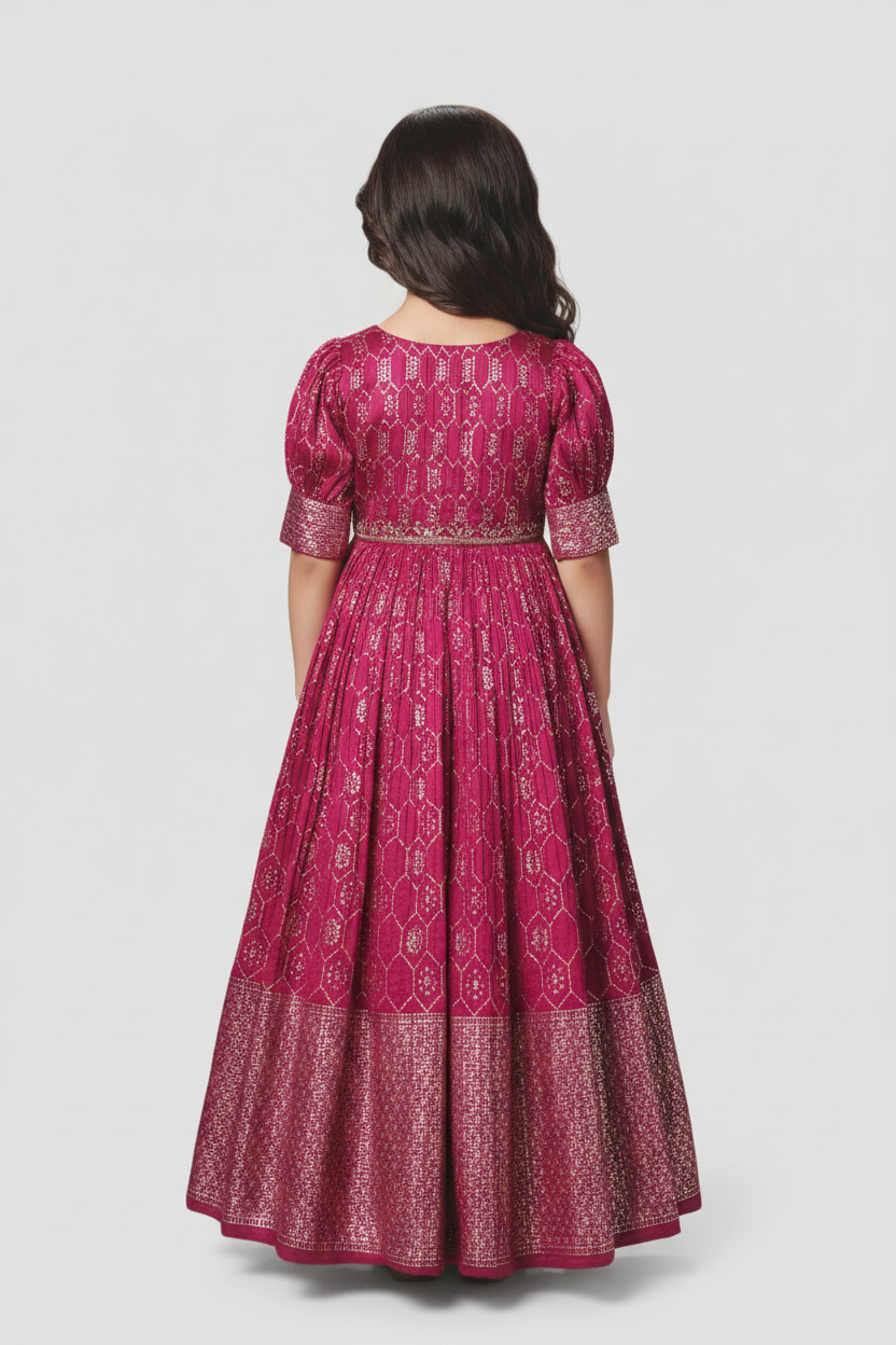 Woman wearing a pink patterned dress on a white background