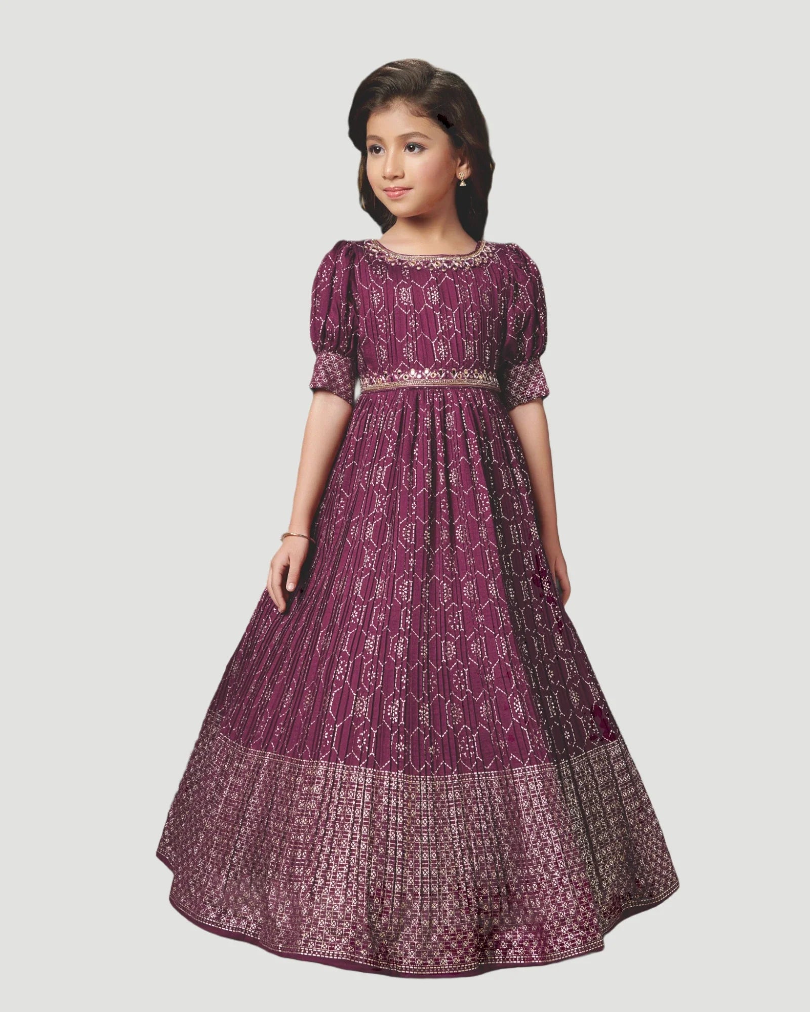 Wine Silk Katan Girls Kids Gown model view