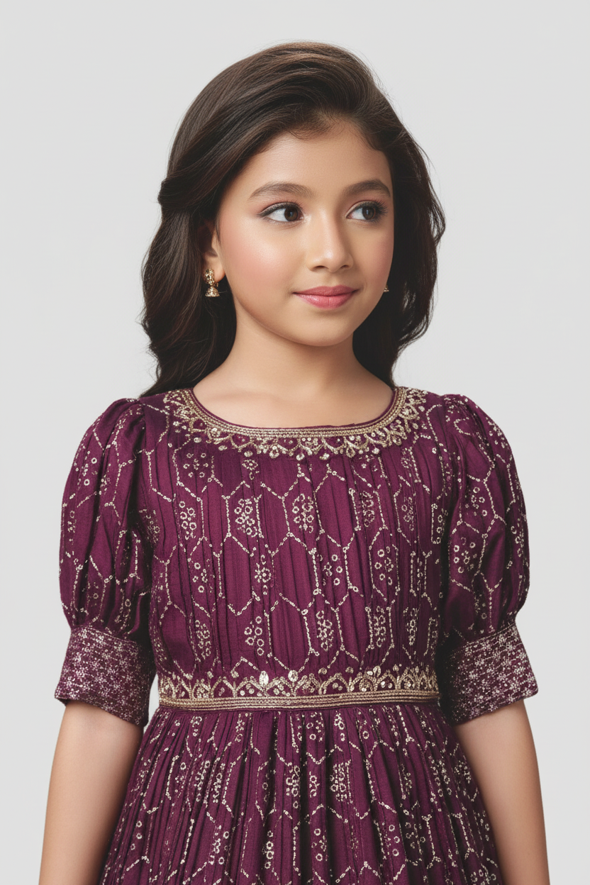 Wine Silk Katan Girls Kids Gown detail view