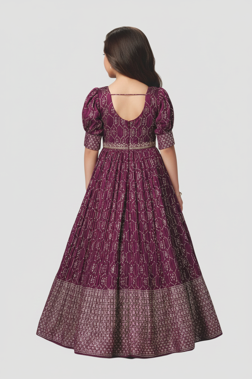 Wine Silk Katan Girls Kids Gown