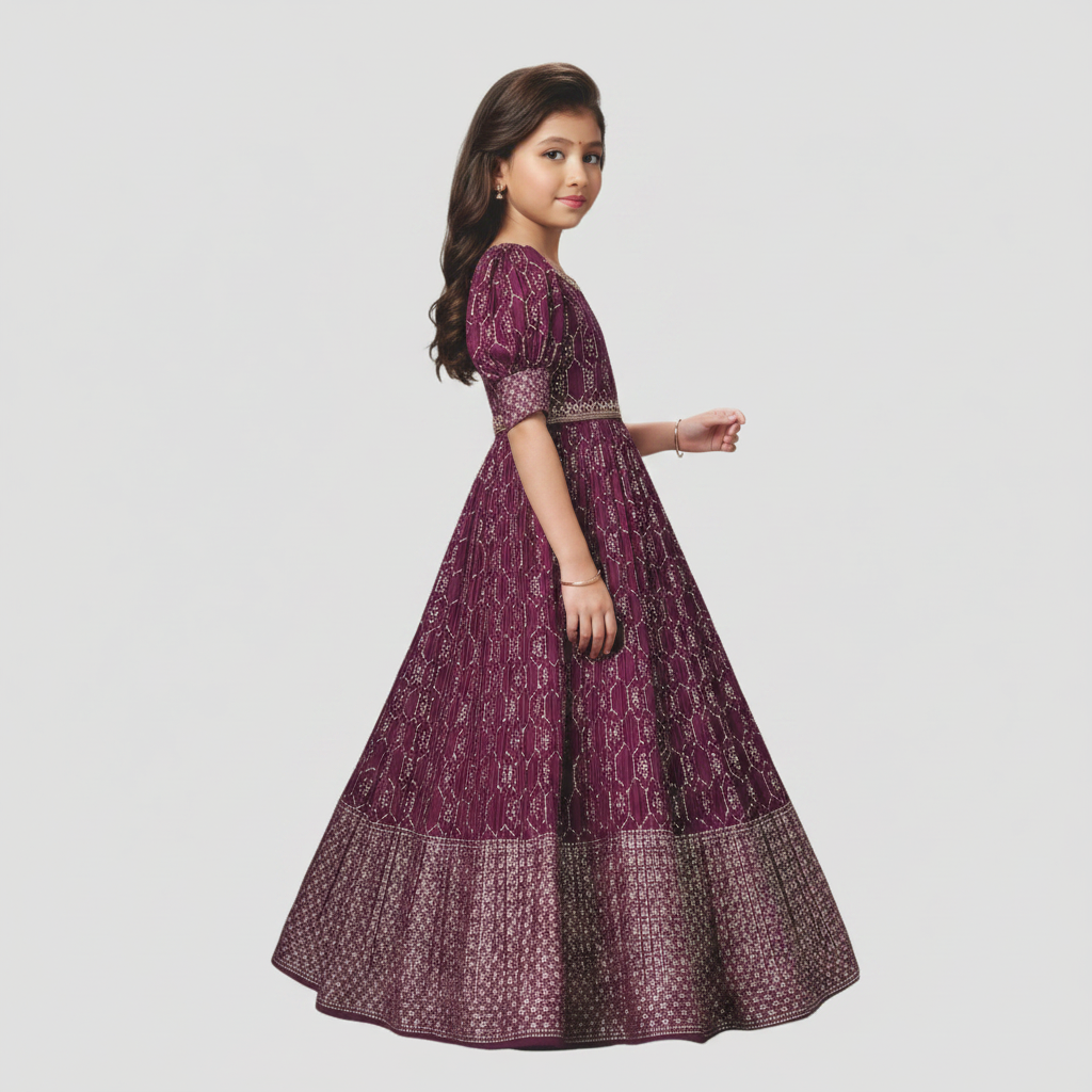 Wine Silk Katan Girls Kids Gown front view