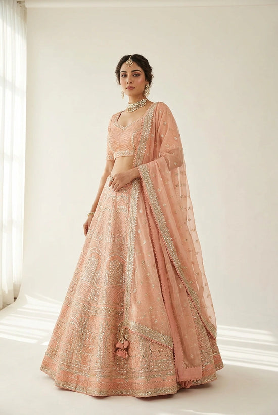Raw Silk Lehenga Set with Pearl Detail for Sangeet Wear