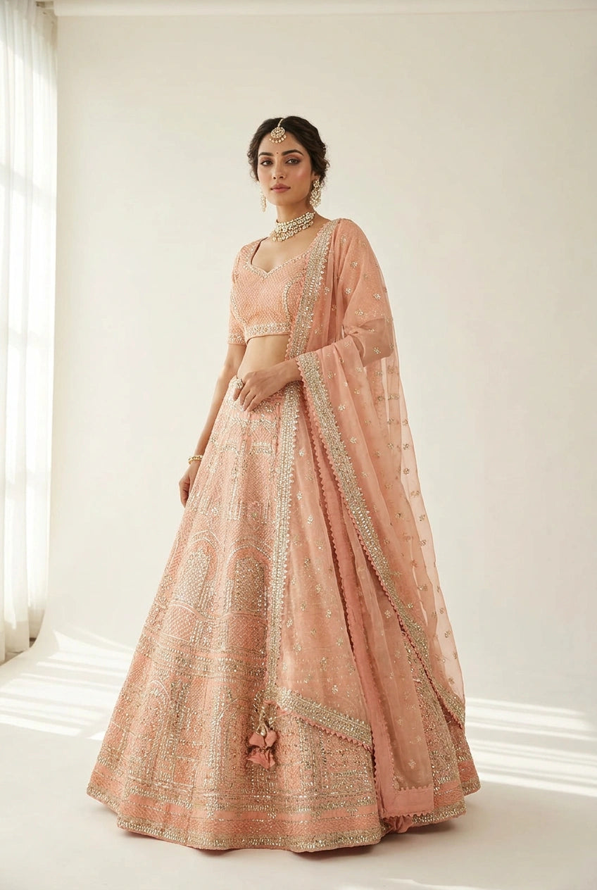 Raw Silk Lehenga Set with Pearl Detail for Sangeet Wear