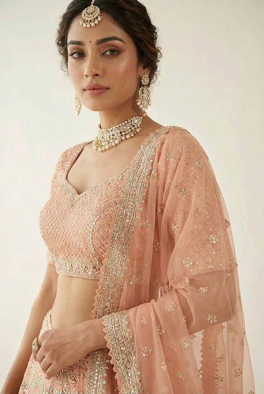 Raw Silk Lehenga Set with Pearl Detail for Sangeet Wear