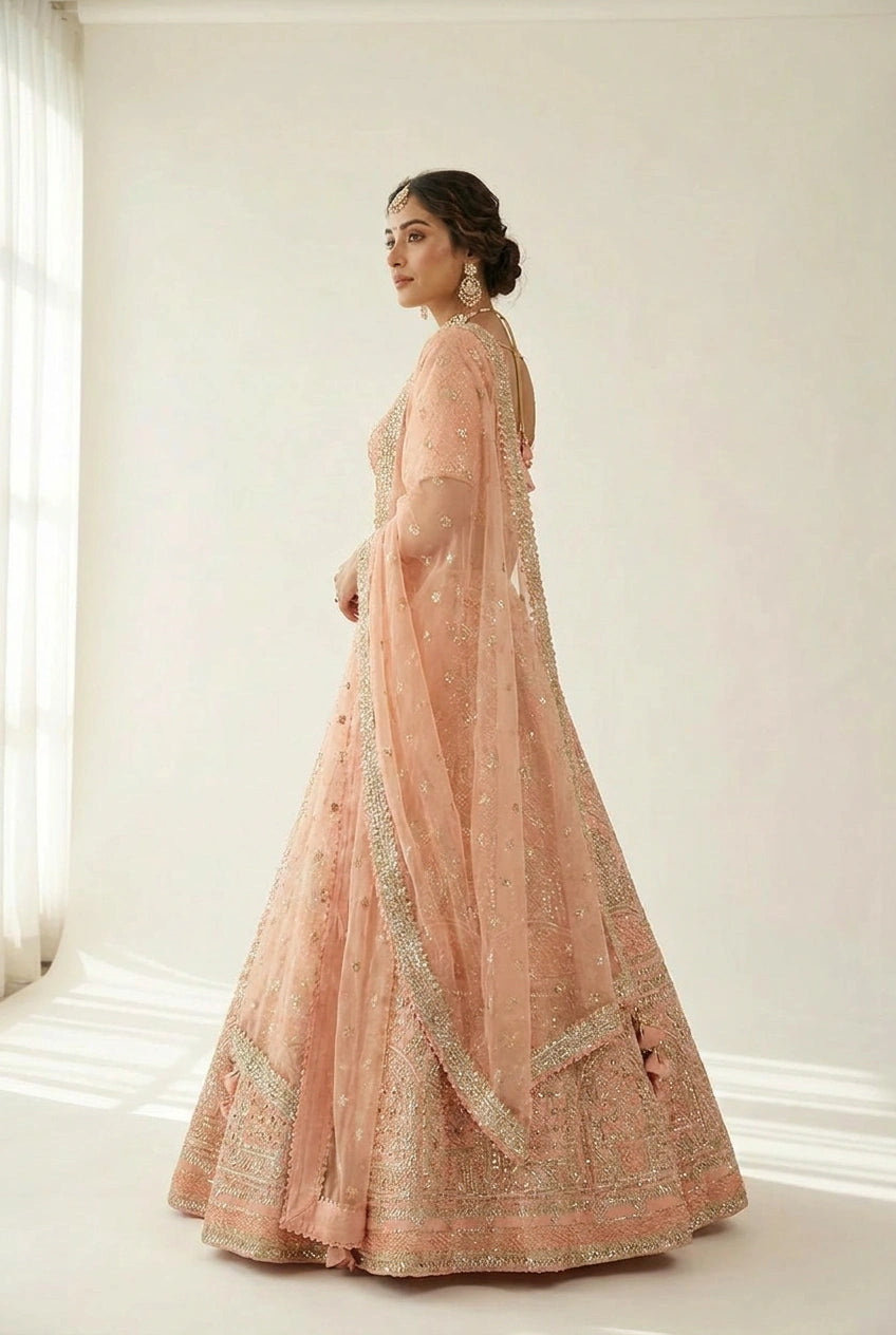 Raw Silk Lehenga Set with Pearl Detail for Sangeet Wear