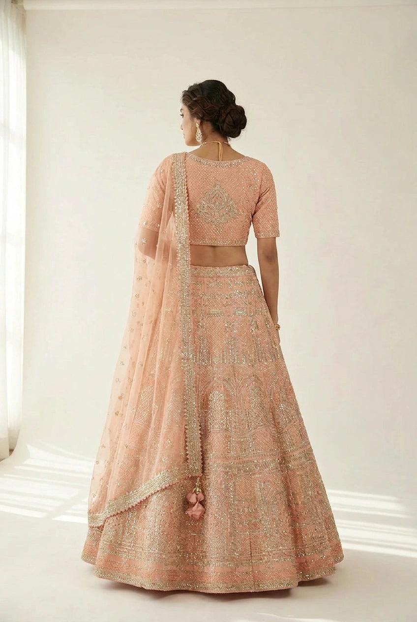 Raw Silk Lehenga Set with Pearl Detail for Sangeet Wear