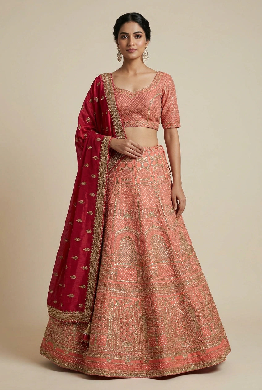 Raw Silk Lehenga Set with Pearl Detail for Sangeet Wear