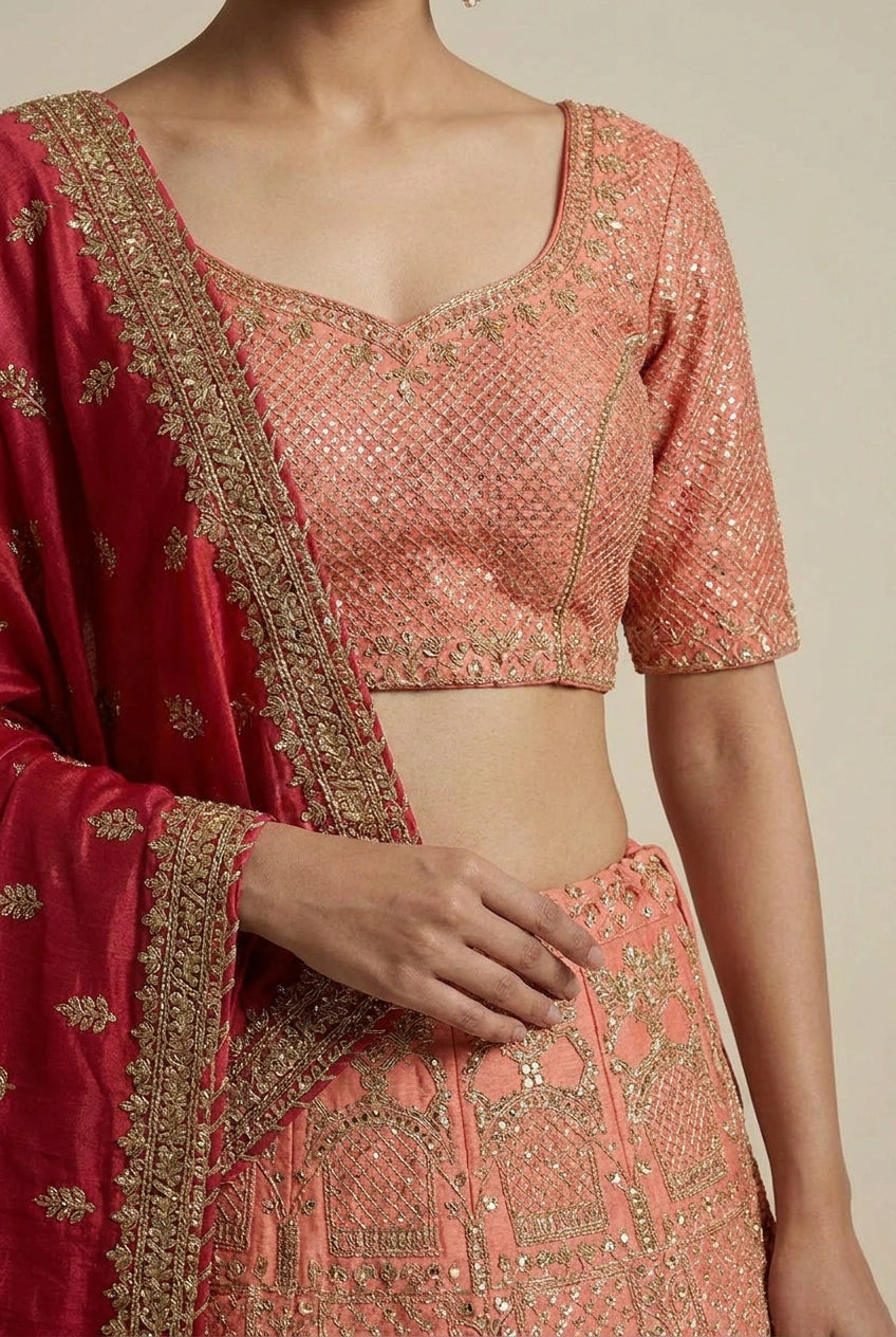 Raw Silk Lehenga Set with Pearl Detail for Sangeet Wear