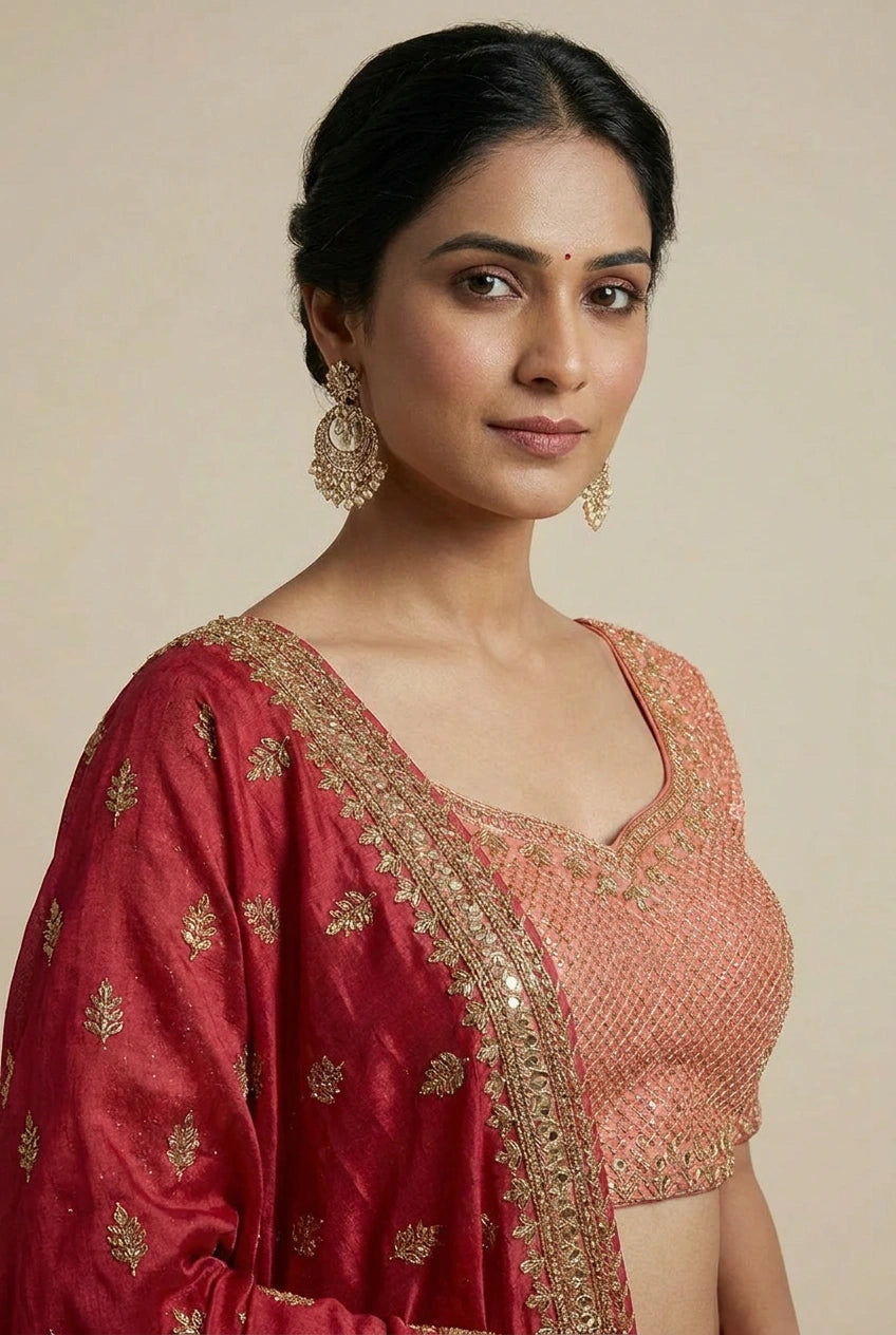 Raw Silk Lehenga Set with Pearl Detail for Sangeet Wear