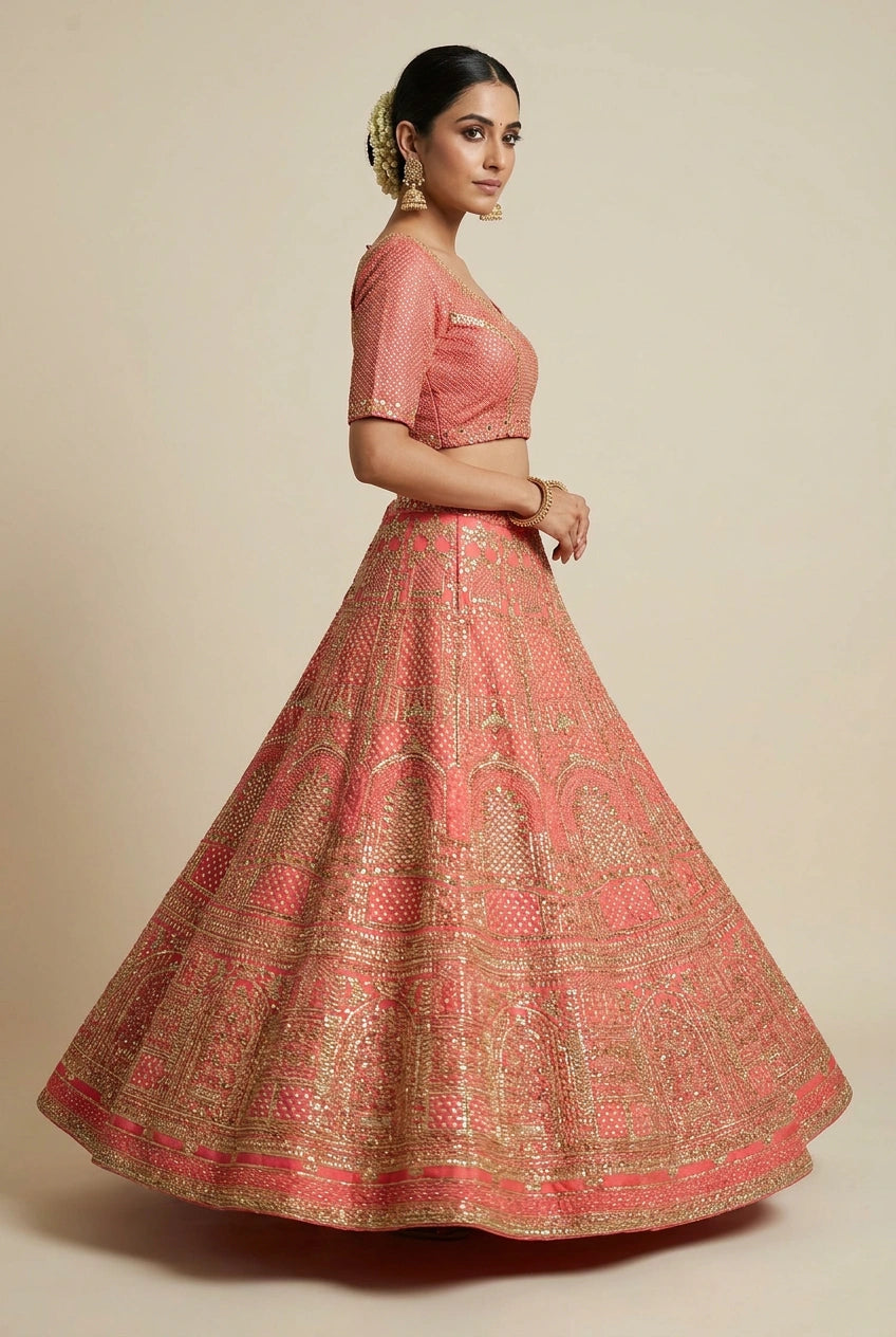 Raw Silk Lehenga Set with Pearl Detail for Sangeet Wear