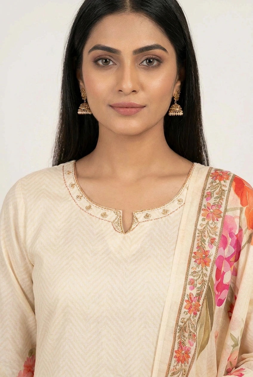 Cotton Straight Suit with Embroidery for Office Days