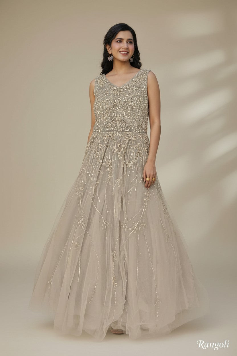 Contemporary Embroidered Net Suit Gown | Rangoli