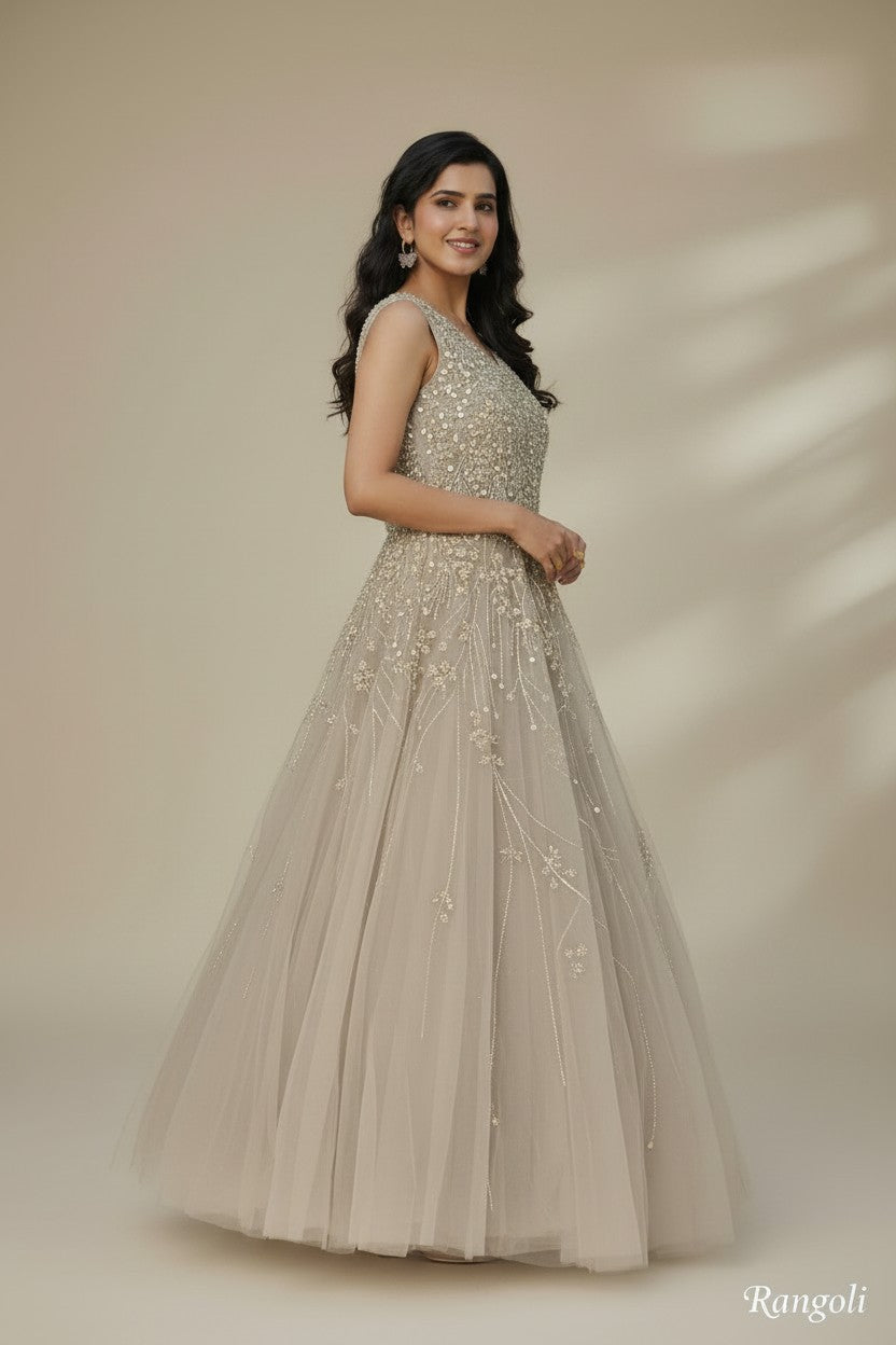 Contemporary Embroidered Net Suit Gown - View 2 | Rangoli