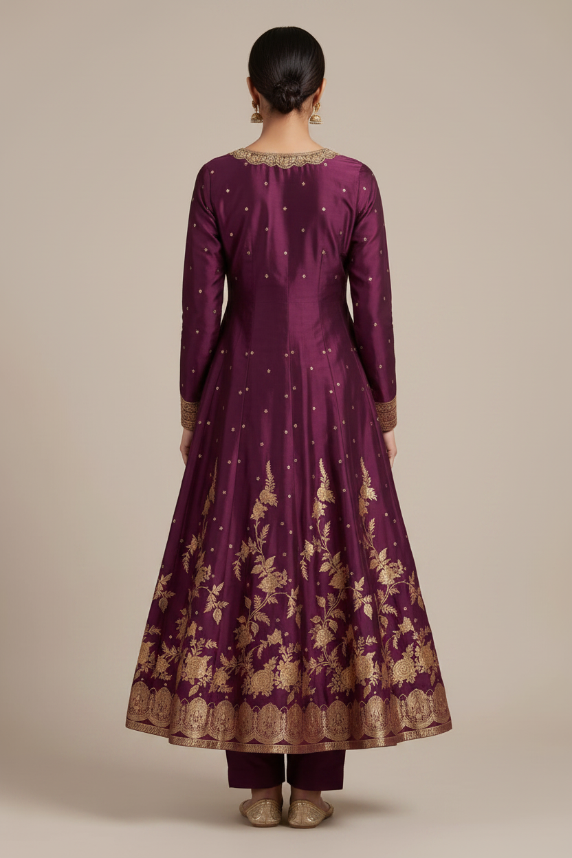 Purple traditional outfit with gold embroidery on a beige background