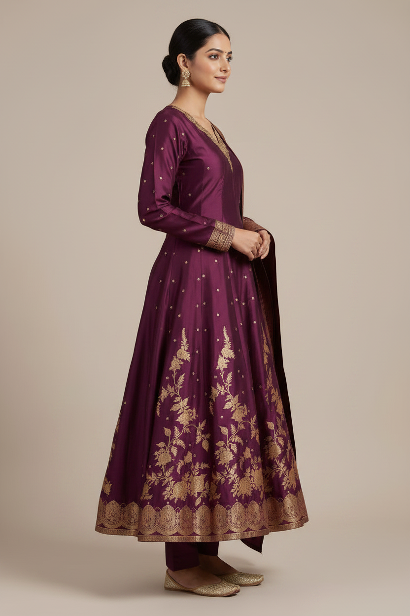 Woman wearing a purple traditional outfit with gold patterns on a beige background