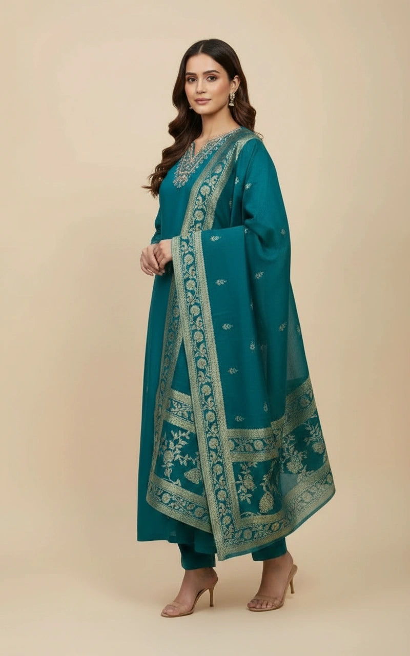 Silk Katan Straight Salwar Suit with Matching Dupatta Set view 2