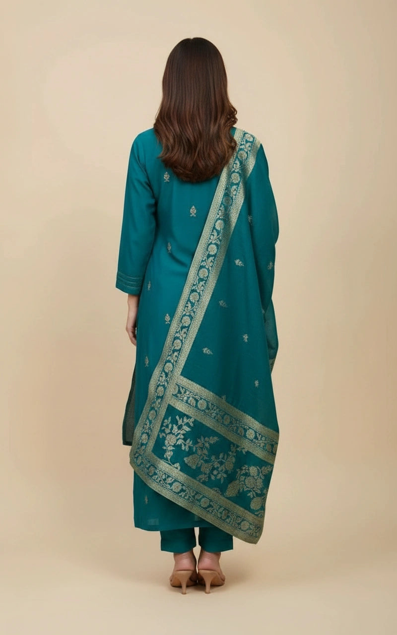 Silk Katan Straight Salwar Suit with Matching Dupatta Set view 3