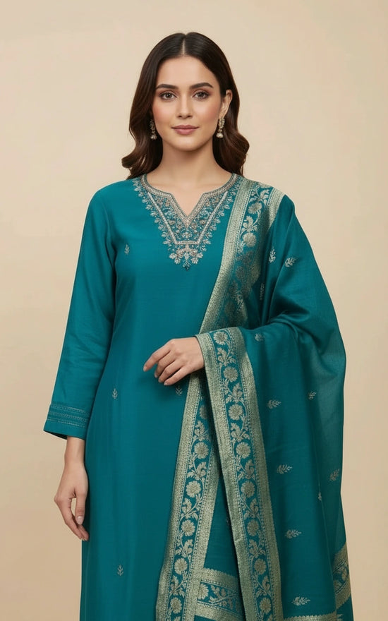 Silk Katan Straight Salwar Suit with Matching Dupatta Set view 4