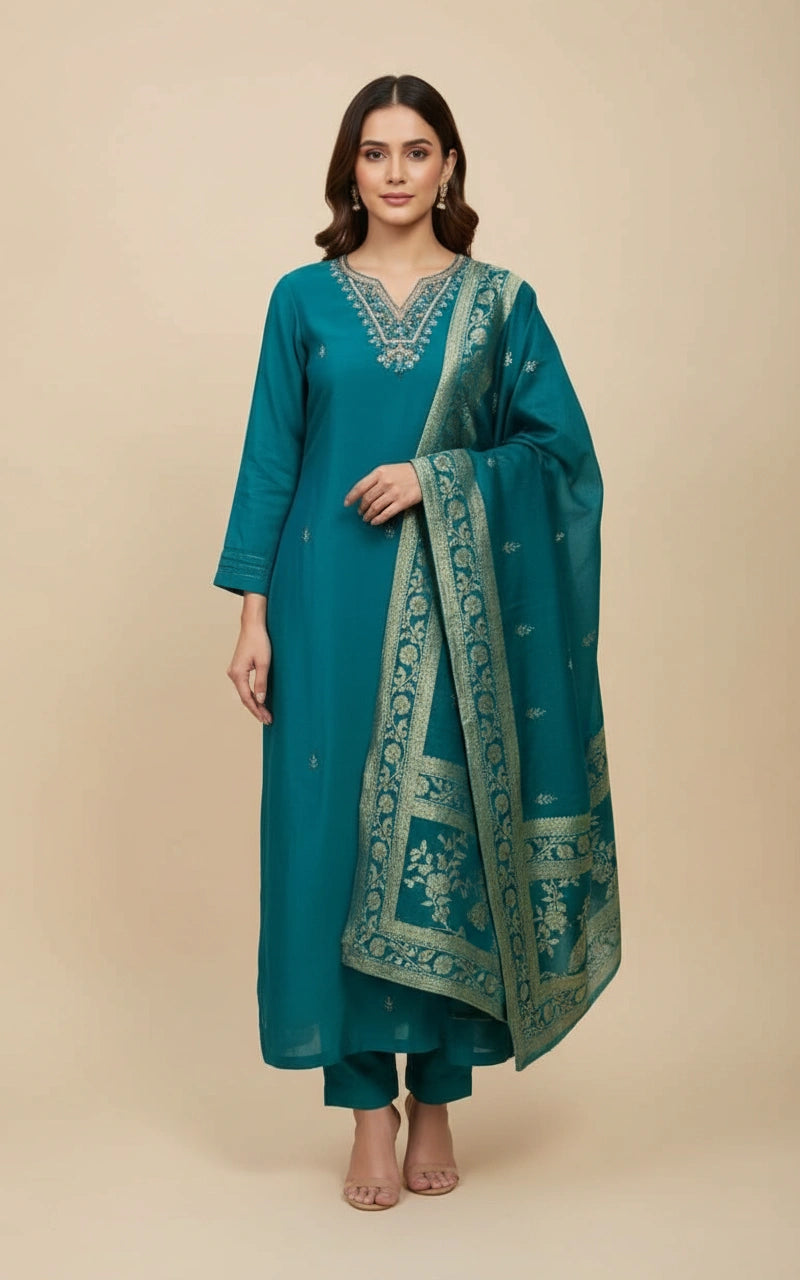Firozi Blue Silk Katan Straight Salwar Suit with Matching Dupatta Set