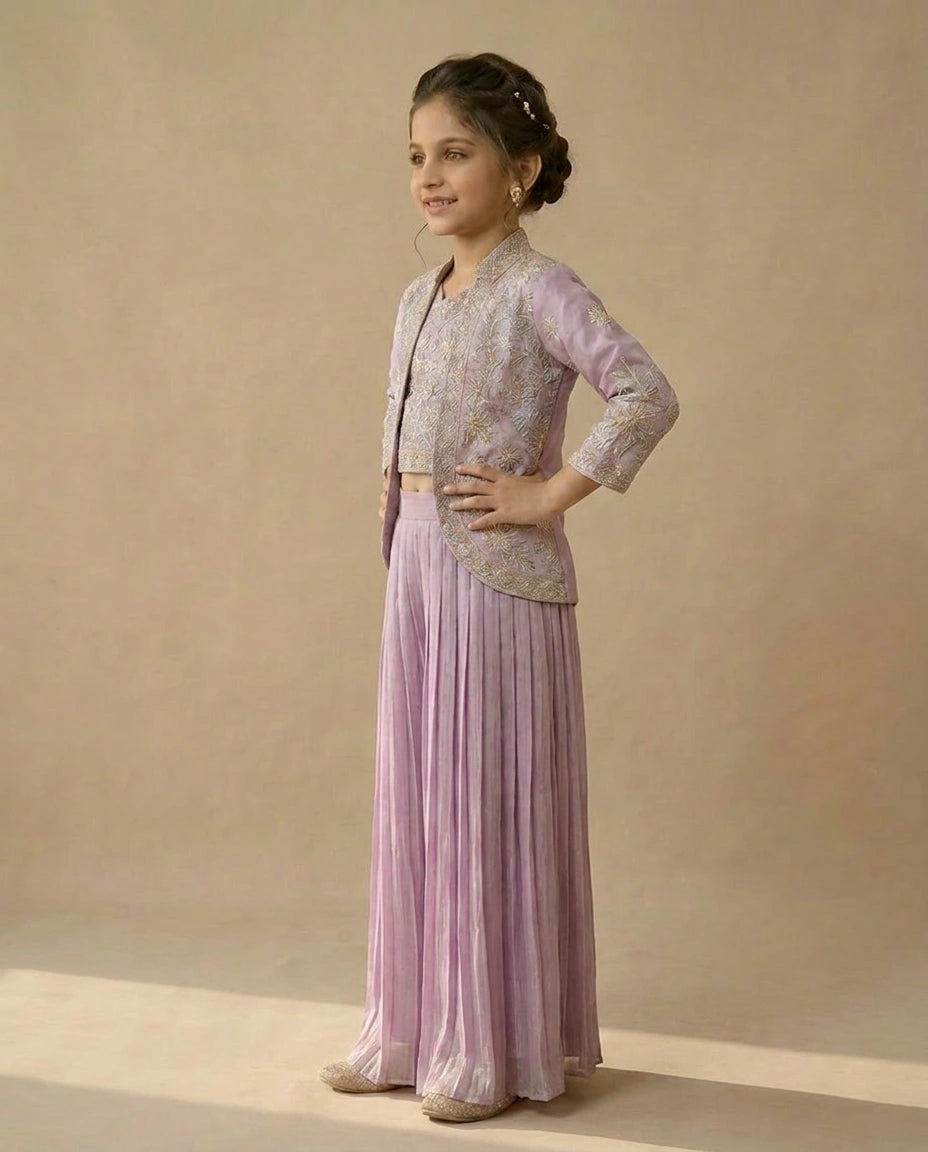 Purple Kids Co-ord Set Set in Silk Katan