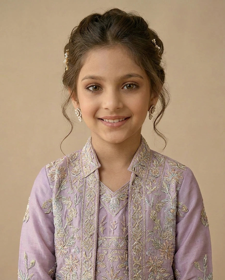 Purple Kids Co-ord Set Set in Silk Katan