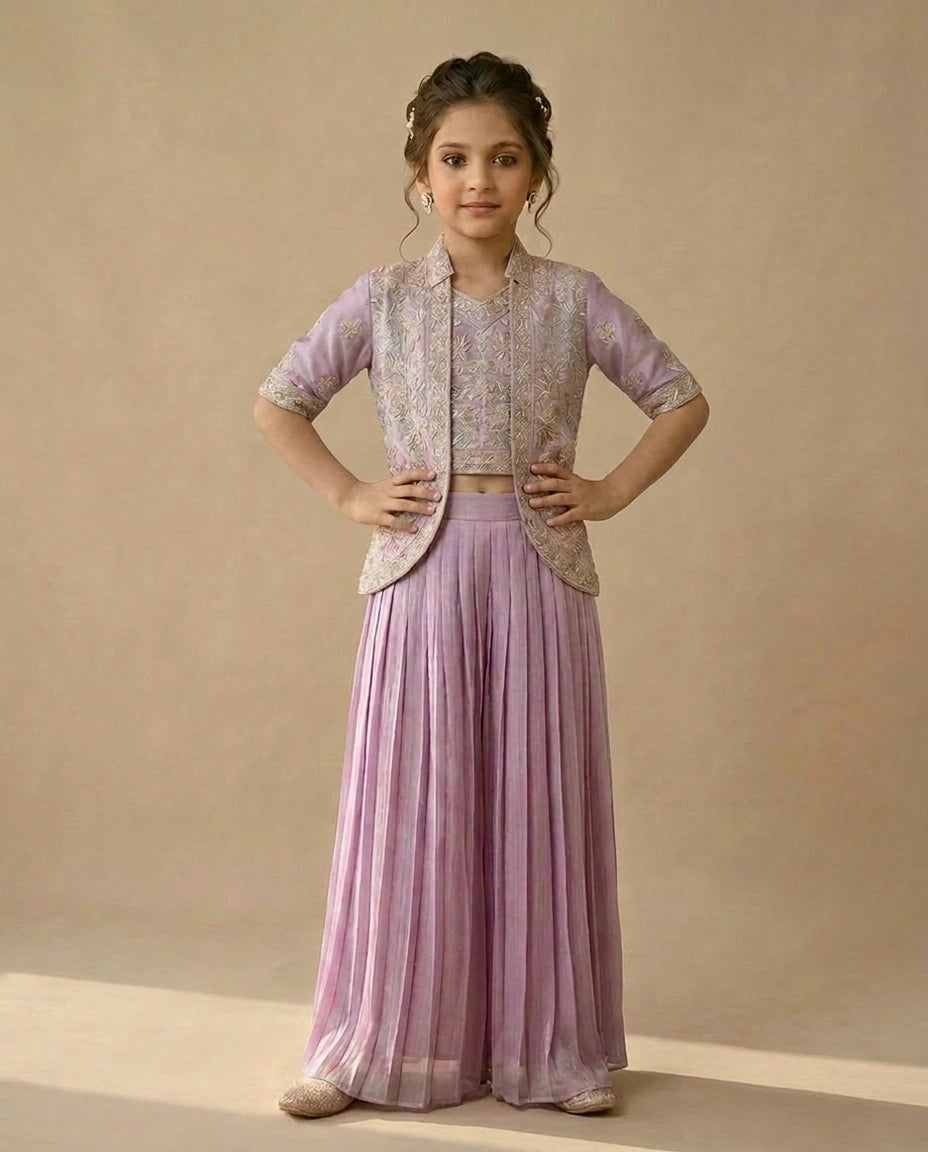 Purple Kids Co-ord Set Set in Silk Katan