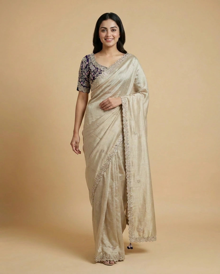 Gold Embroidered Saree in Tissue - Rangoli India