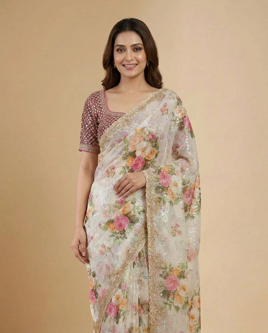 Off White Embroidered Saree in Georgette - Rangoli India