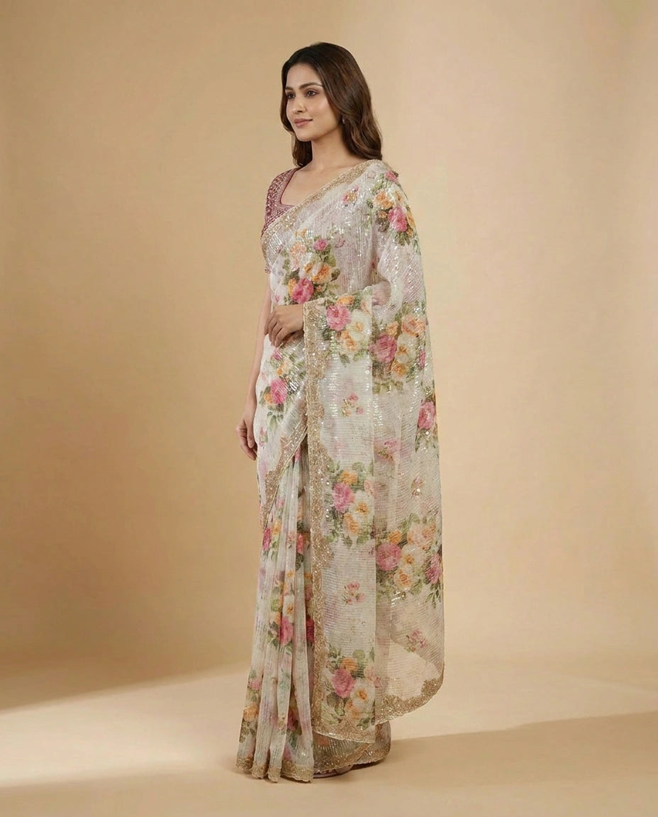 Off White Embroidered Saree in Georgette - Rangoli India