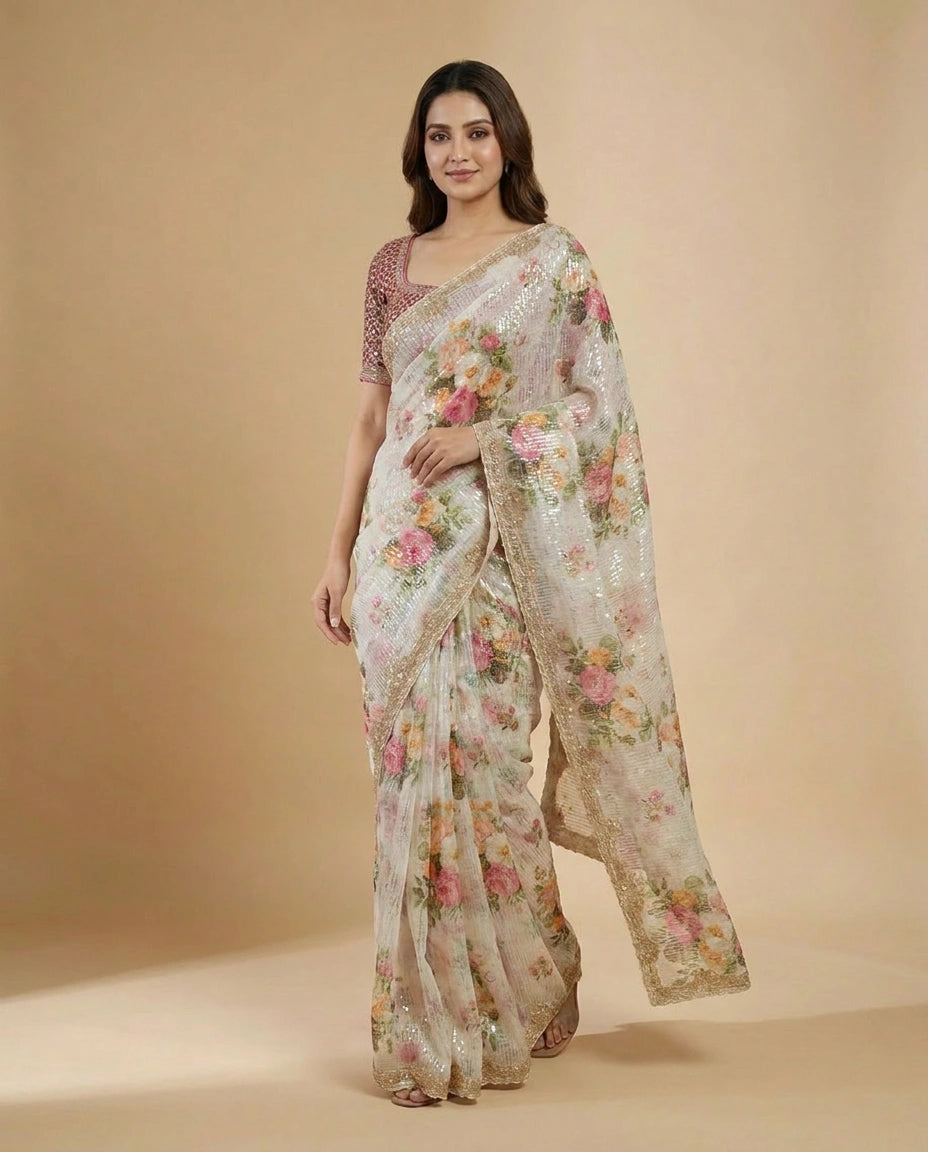 Off White Embroidered Saree in Georgette - Rangoli India