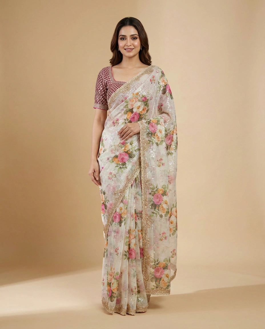 Off White Embroidered Saree in Georgette - Rangoli India