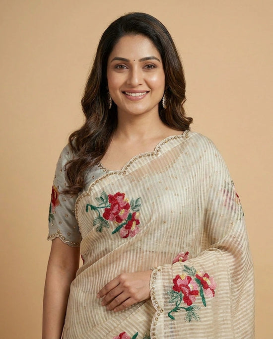 Off White Tissue Embroidered Saree - Rangoli India