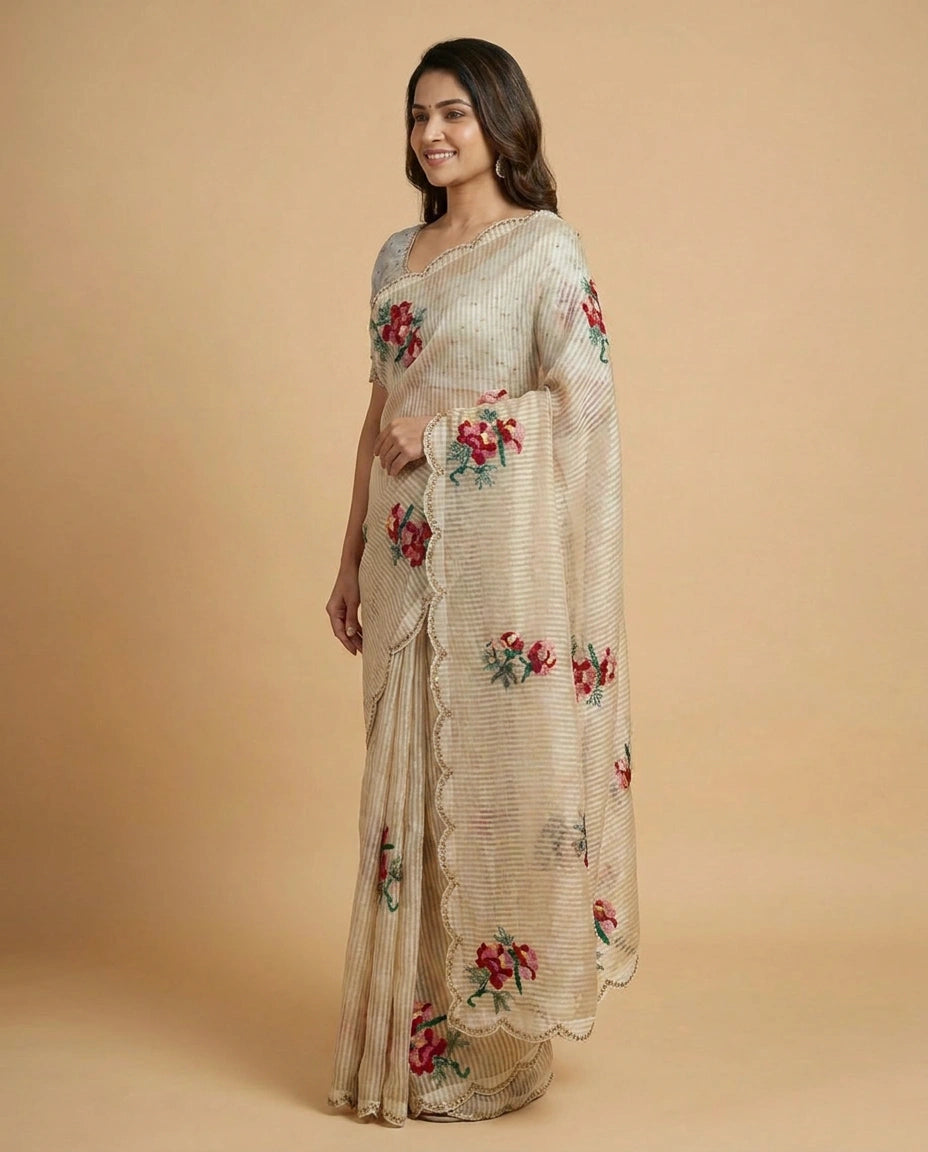 Off White Tissue Embroidered Saree - Rangoli India