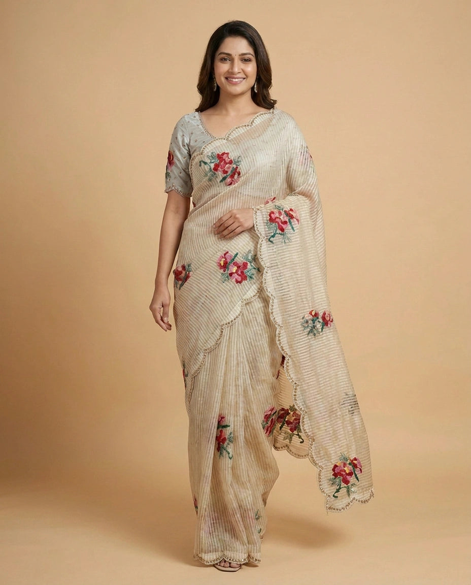 Off White Tissue Embroidered Saree - Rangoli India