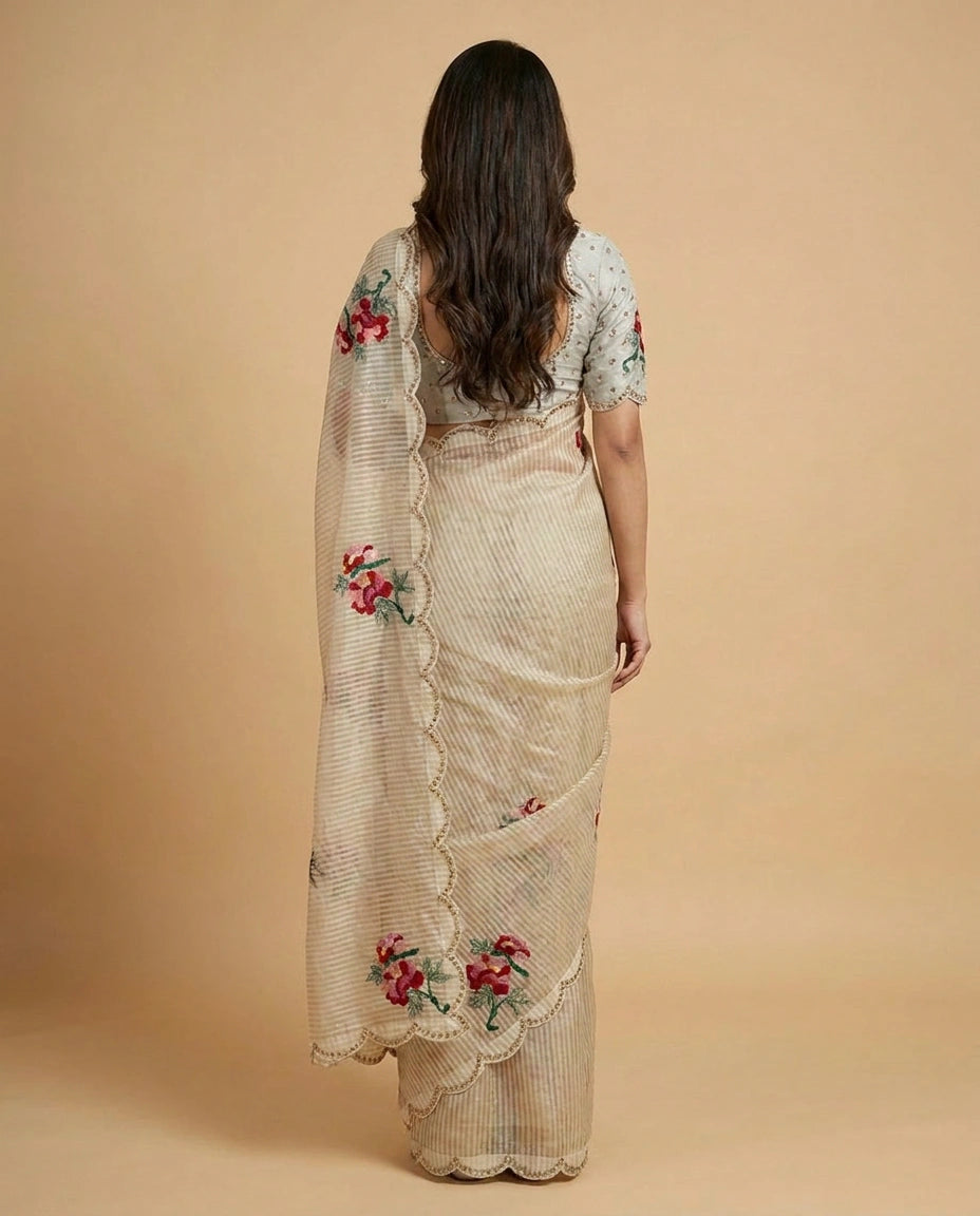 Off White Tissue Embroidered Saree - Rangoli India