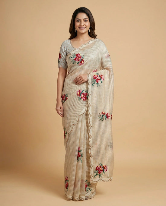 Off White Tissue Embroidered Saree - Rangoli India