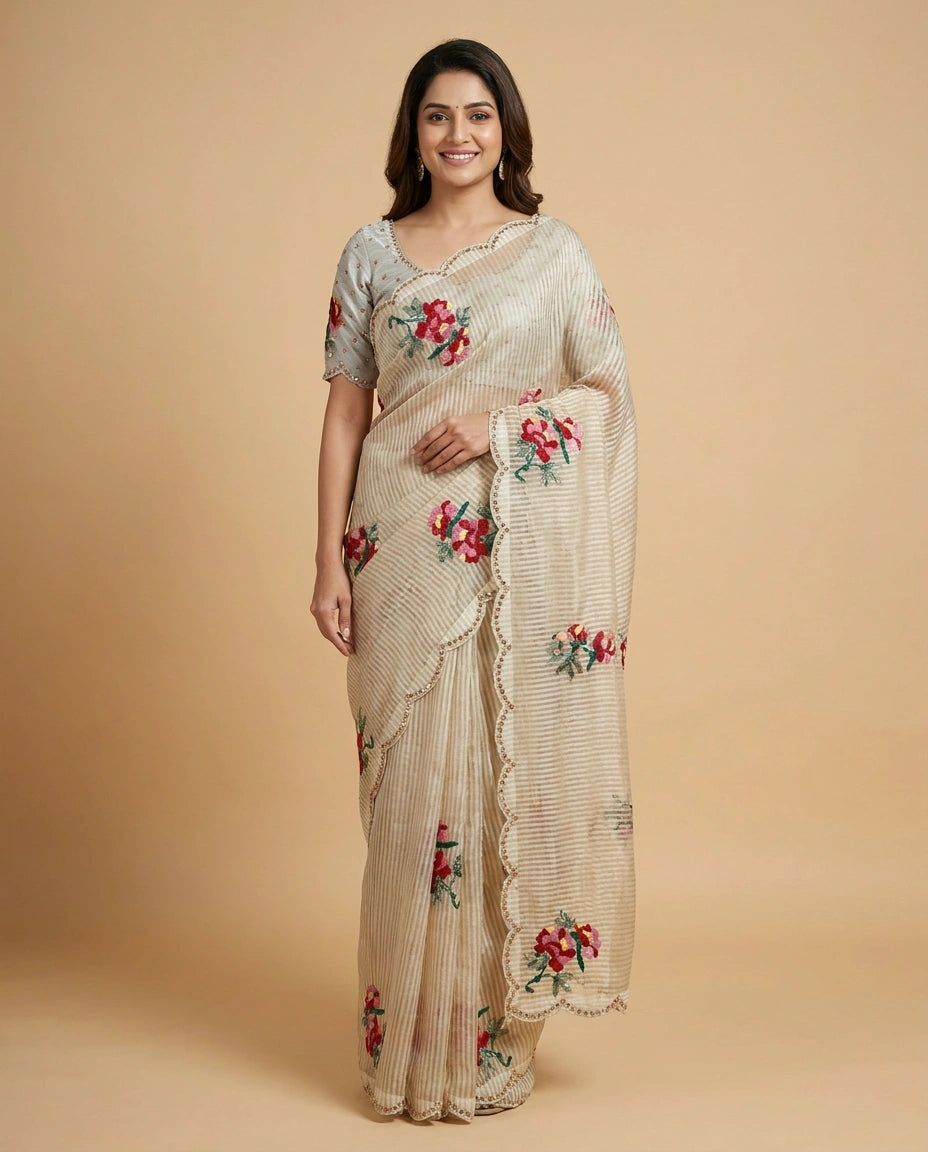 Off White Tissue Embroidered Saree - Rangoli India