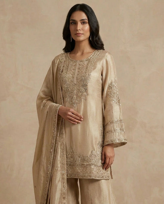 Beige Tissue Palazzo Suit with Flared Palazzo view 2