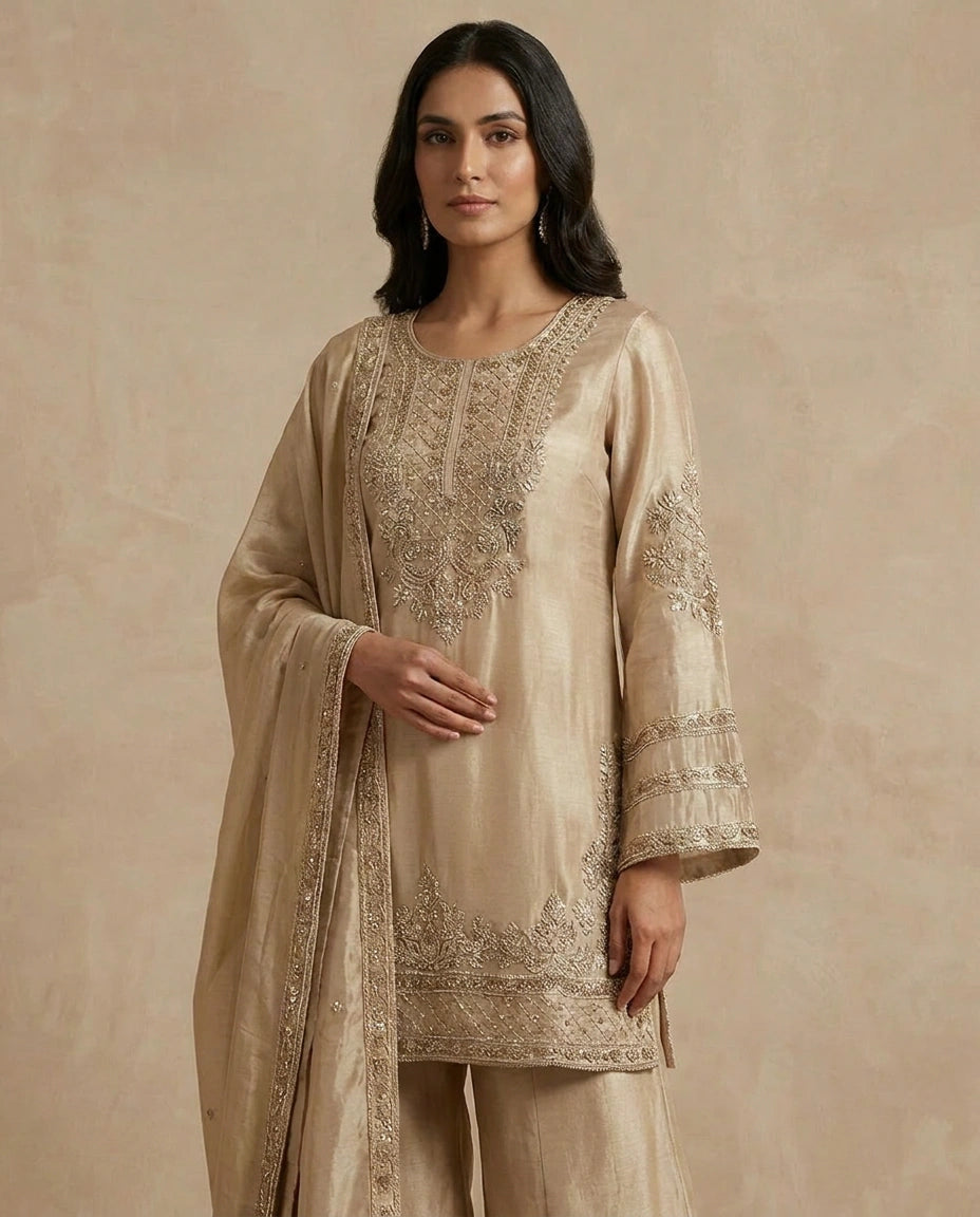 Beige Tissue Palazzo Suit with Flared Palazzo view 2
