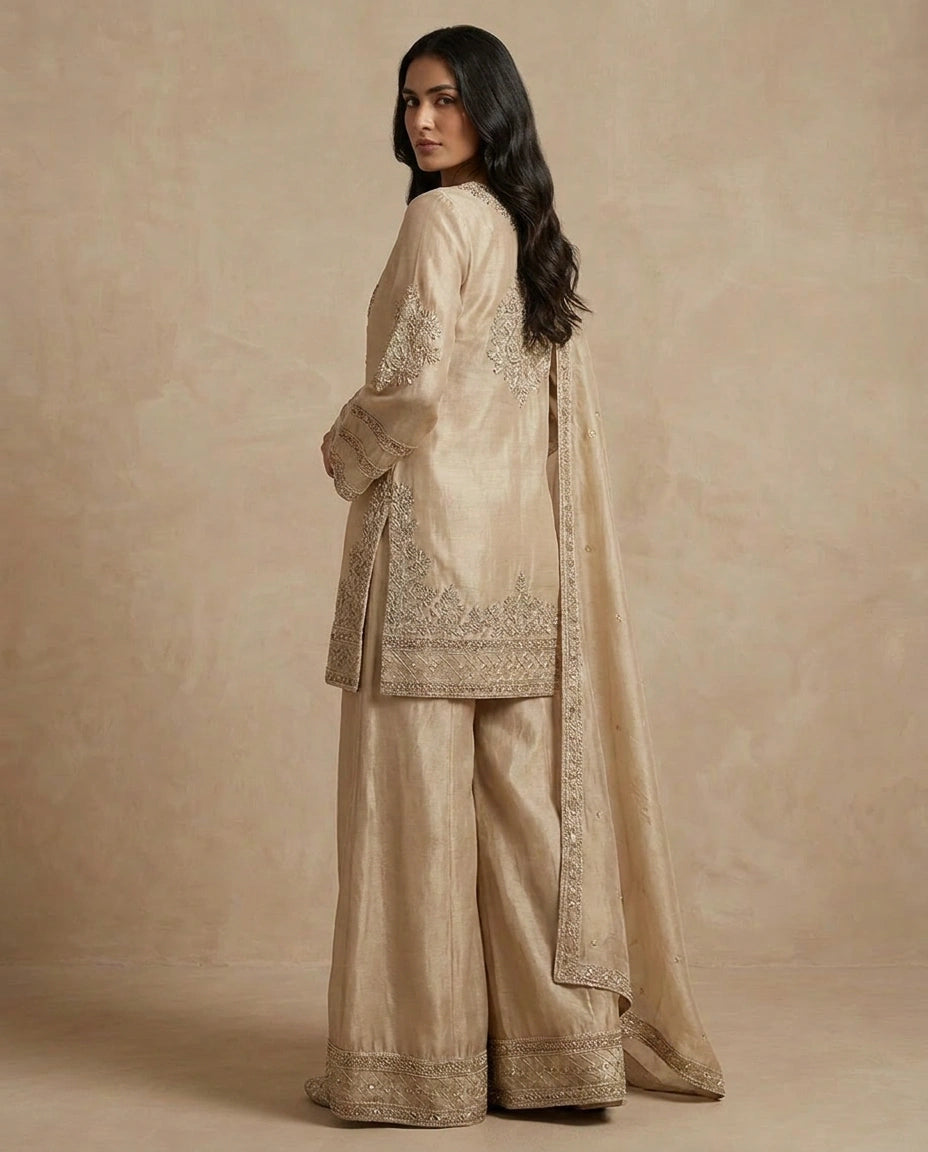 Beige Tissue Palazzo Suit with Flared Palazzo view 3