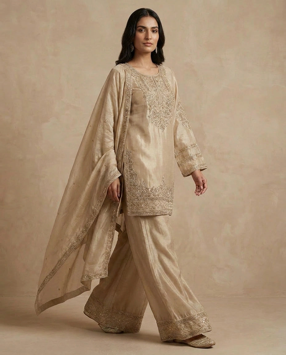 Beige Tissue Palazzo Suit with Flared Palazzo view 4