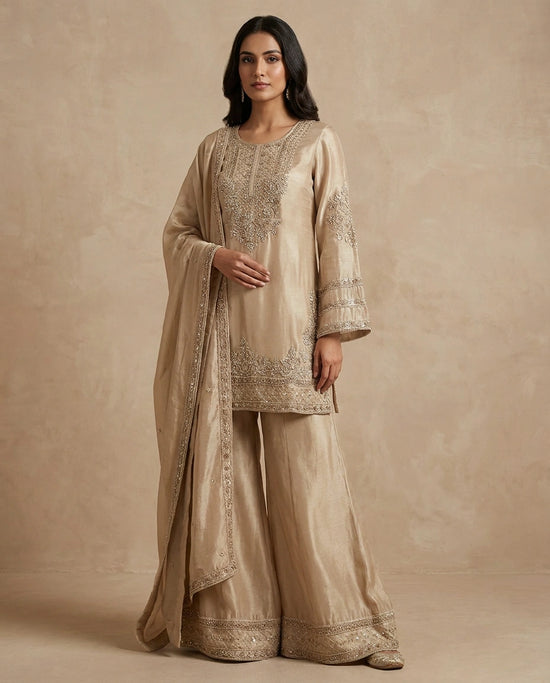 Beige Tissue Palazzo Suit with Flared Palazzo - Rangoli India