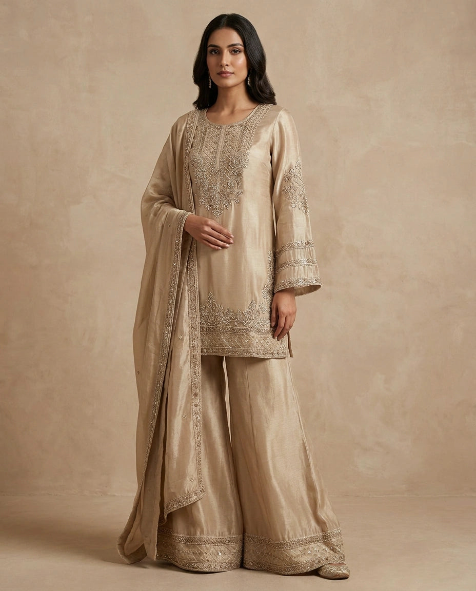 Beige Tissue Palazzo Suit with Flared Palazzo - Rangoli India